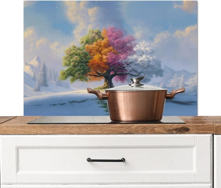 KitchenYeah Spatscherm keuken 90x60 cm Kookplaat achterwand Boom Seizoenen Winter Landschap Muurbeschermer Spatwand fornuis Hoogwaardig aluminium