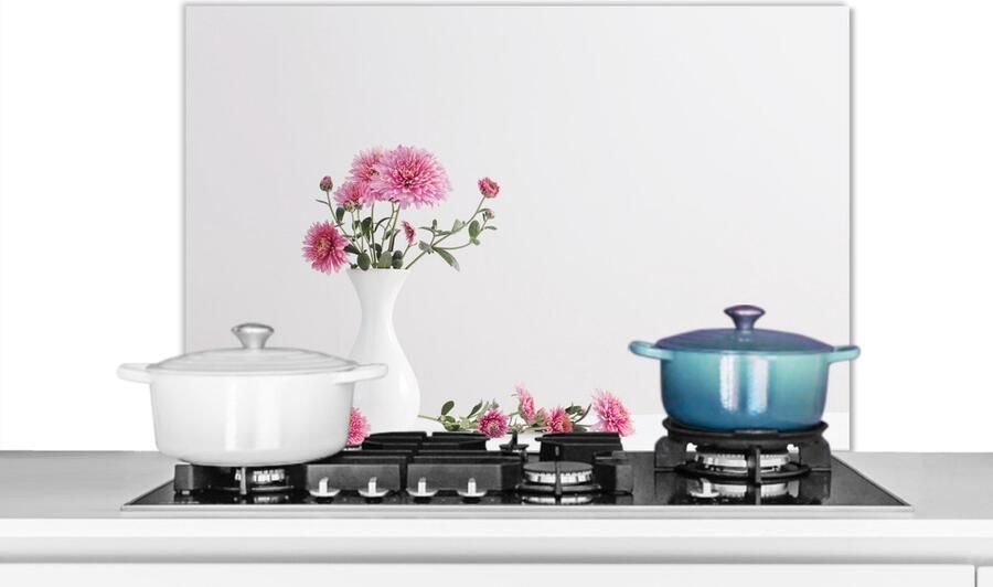 KitchenYeah Spatscherm keuken 80x55 cm Kookplaat achterwand Chrysanten Roze Stilleven Muurbeschermer Spatwand fornuis Hoogwaardig aluminium