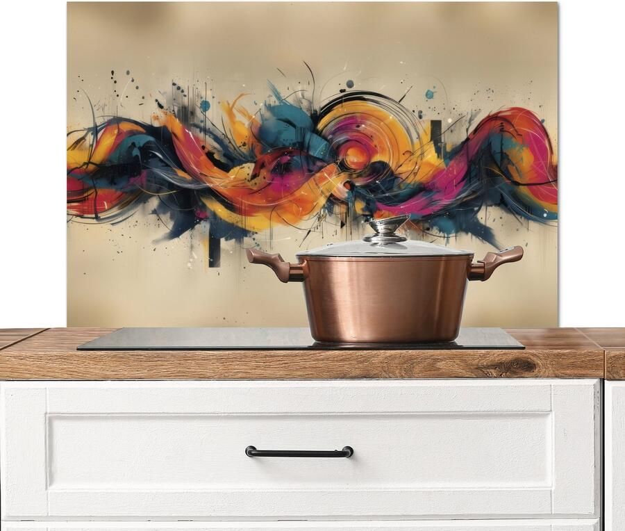 KitchenYeah Spatscherm keuken 90x60 cm Kookplaat achterwand Explosie Kleurrijk Vormen Abstract Muurbeschermer Spatwand fornuis Hoogwaardig aluminium