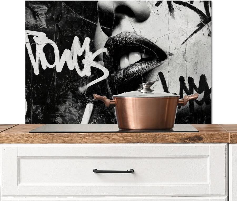 KitchenYeah Spatscherm keuken 80x55 cm Kookplaat achterwand Gezicht Mond Graffiti Zwart Muurbeschermer Spatwand fornuis Hoogwaardig aluminium