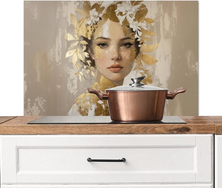 KitchenYeah Spatscherm keuken 90x60 cm Kookplaat achterwand Gezicht Vrouw Bladeren Goud Muurbeschermer Spatwand fornuis Hoogwaardig aluminium