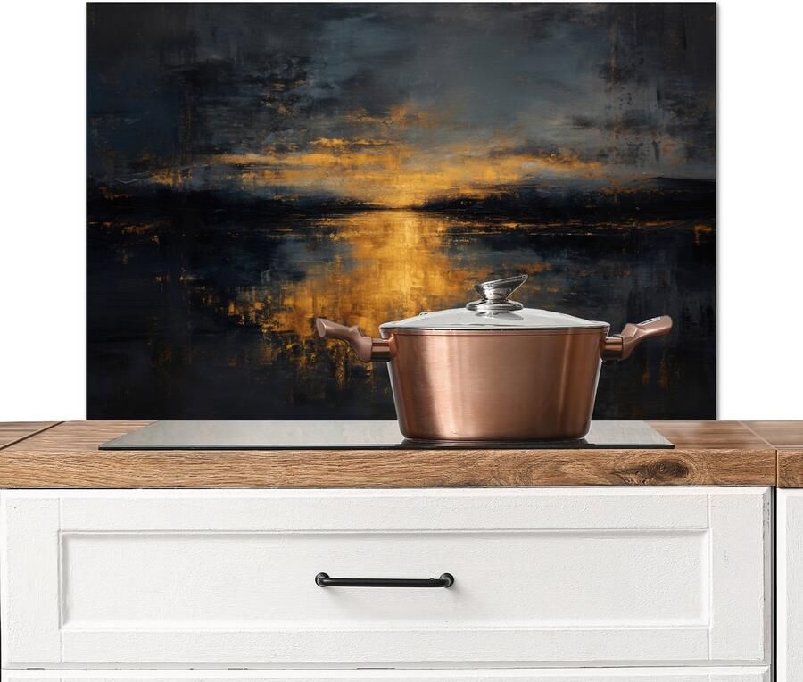 KitchenYeah Spatscherm keuken 80x55 cm Kookplaat achterwand Gouden Reflectie op Water Muurbeschermer Spatwand fornuis Hoogwaardig aluminium