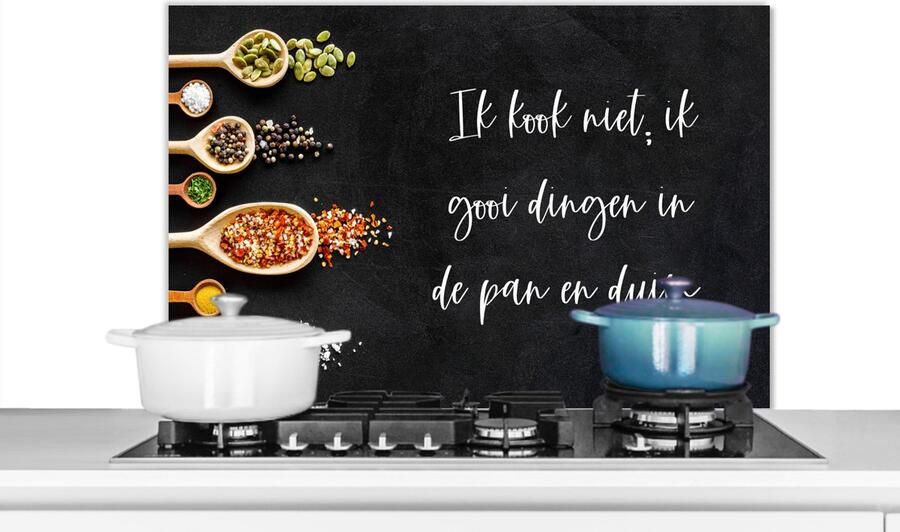 KitchenYeah Spatscherm keuken 90x60 cm Kookplaat achterwand Ik gooi dingen in de pan en duim Keuken Quotes Spreuken Humor Muurbeschermer Spatwand fornuis Hoogwaardig aluminium