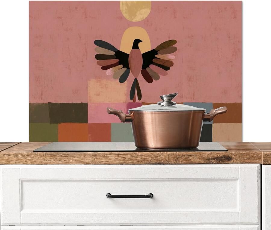 KitchenYeah Spatscherm keuken 90x60 cm Kookplaat achterwand Illustratie Vogel Vlakken Kleurrijk Muurbeschermer Spatwand fornuis Hoogwaardig aluminium