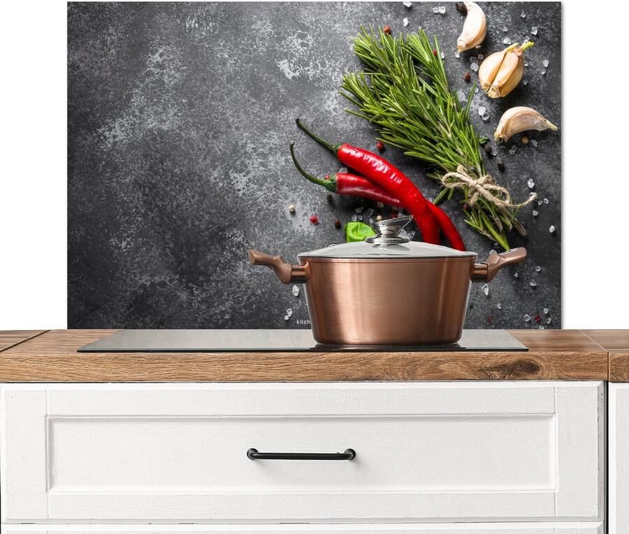 KitchenYeah Spatscherm keuken 90x60 cm Kookplaat achterwand Kruiden Beton print Specerijen Peper Muurbeschermer Spatwand fornuis Hoogwaardig aluminium