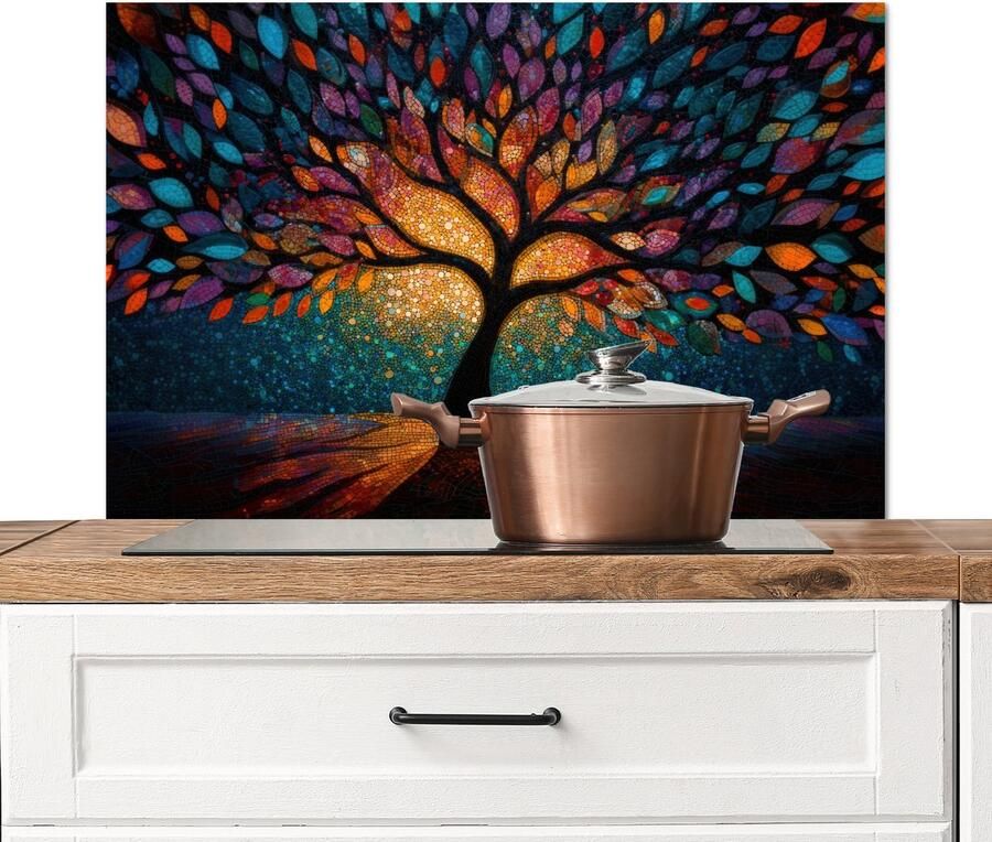 KitchenYeah Spatscherm keuken 90x60 cm Kookplaat achterwand Mozaïek Kleurrijk Boom Takken Muurbeschermer Spatwand fornuis Hoogwaardig aluminium