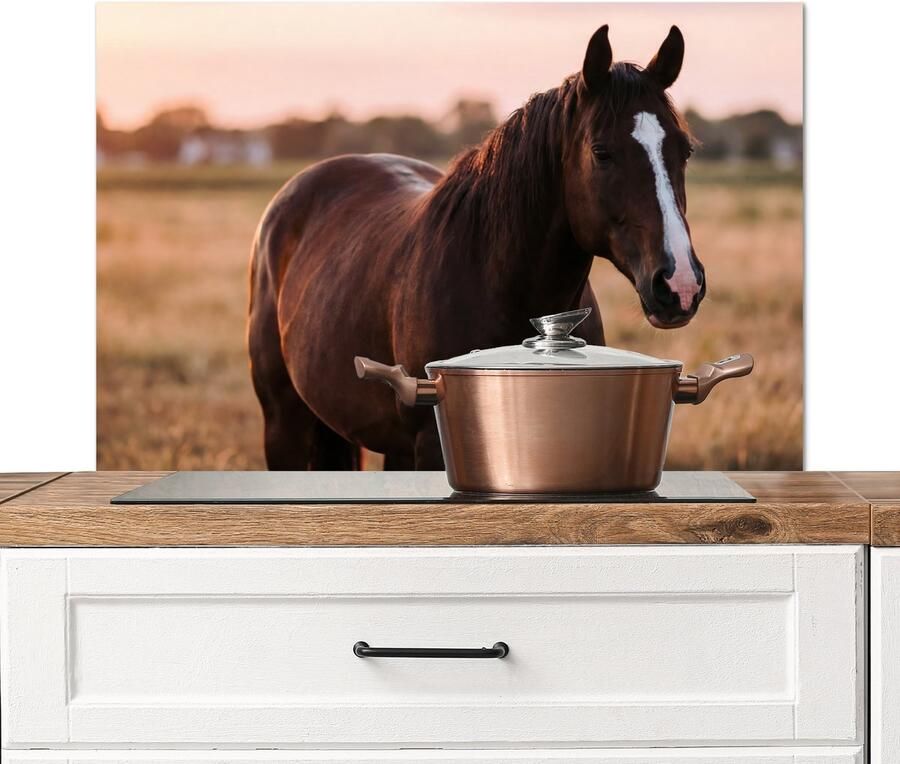 KitchenYeah Spatscherm keuken 90x60 cm Kookplaat achterwand Paard Zonsondergang Bruin Muurbeschermer Spatwand fornuis Hoogwaardig aluminium