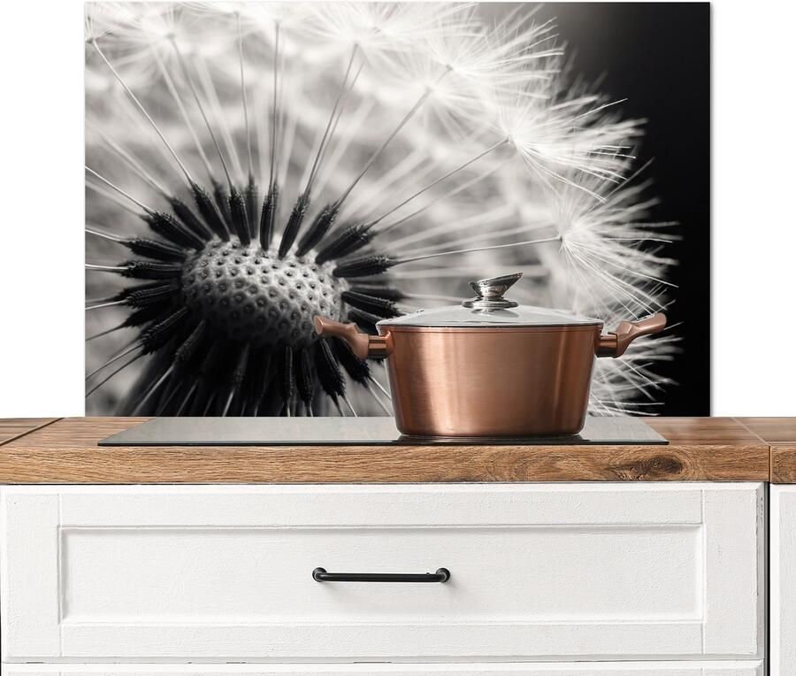 KitchenYeah Spatscherm keuken 80x55 cm Kookplaat achterwand Paardenbloem Zwart Wit Muurbeschermer Spatwand fornuis Hoogwaardig aluminium