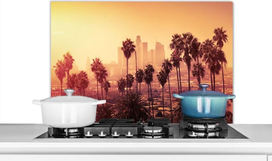 KitchenYeah Spatscherm keuken 90x60 cm Kookplaat achterwand Palmboom Skyline Zonsondergang Architectuur Muurbeschermer Spatwand fornuis Hoogwaardig aluminium