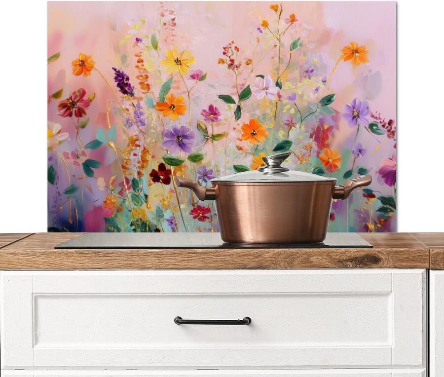 KitchenYeah Spatscherm keuken 80x55 cm Kookplaat achterwand Schilderij Bloemen Abstract Kleurrijk Muurbeschermer Spatwand fornuis Hoogwaardig aluminium