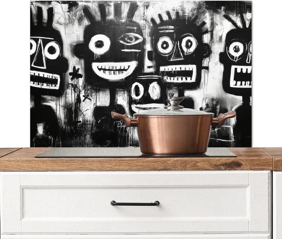 KitchenYeah Spatscherm keuken 90x60 cm Kookplaat achterwand Schilderij Figuren Zwart Abstract Muurbeschermer Spatwand fornuis Hoogwaardig aluminium