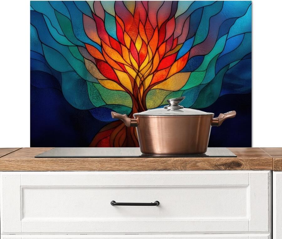 KitchenYeah Spatscherm keuken 80x55 cm Kookplaat achterwand Sierglas Boom Rood Vlakken Muurbeschermer Spatwand fornuis Hoogwaardig aluminium