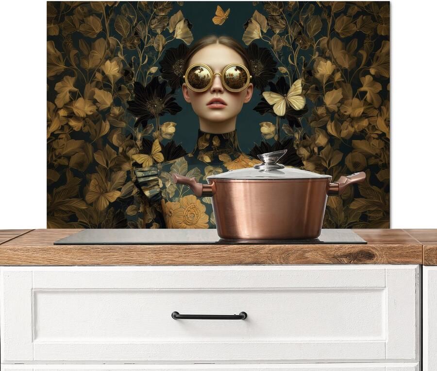 KitchenYeah Spatscherm keuken 90x60 cm Kookplaat achterwand Vrouw Bladeren Goud Vlinders Muurbeschermer Spatwand fornuis Hoogwaardig aluminium