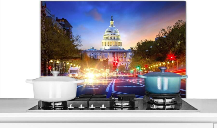 KitchenYeah Spatscherm keuken Amerika Capitool Auto Washington Verlichting Spatwand keuken Kookplaat achterwand 90x60 cm Aluminium
