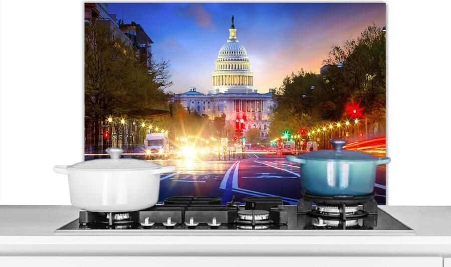 KitchenYeah Spatscherm keuken Amerika Capitool Auto Washington Verlichting Spatwand keuken Kookplaat achterwand 80x55 cm Aluminium