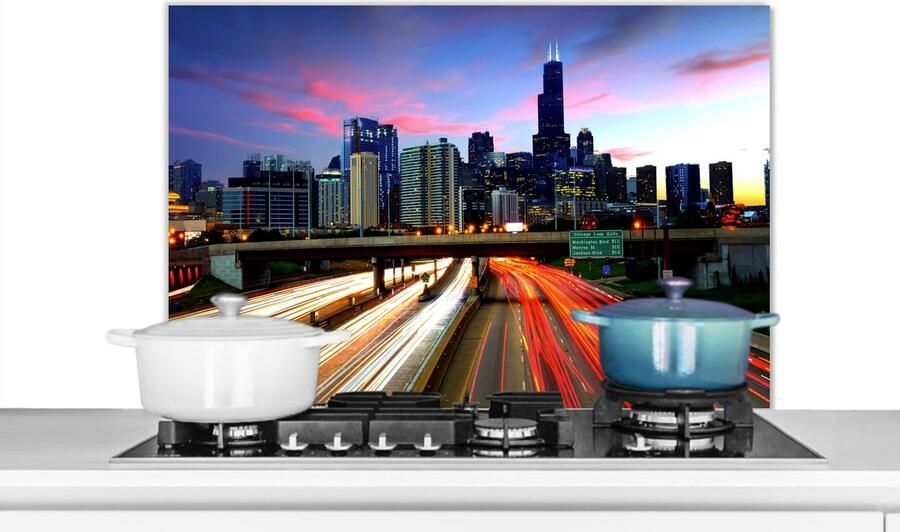 KitchenYeah Spatscherm keuken Chicago Stad Skyline Licht Auto Amerika Spatwand keuken Kookplaat achterwand 90x60 cm Aluminium