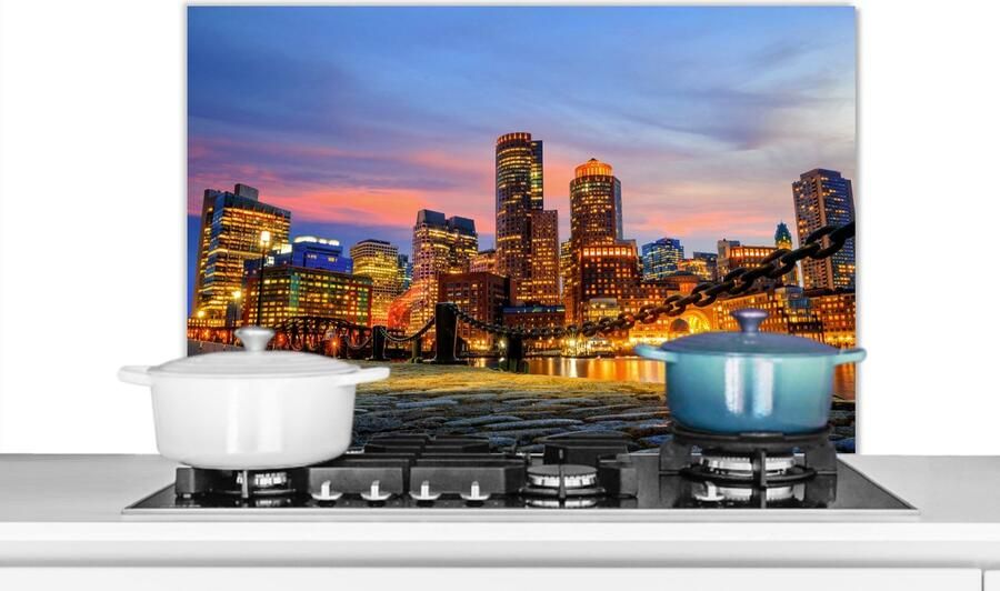 KitchenYeah Spatscherm keuken City Boston Skyline Amerika Licht Spatwand fornuis Achterwand keuken 90x60 cm Aluminium