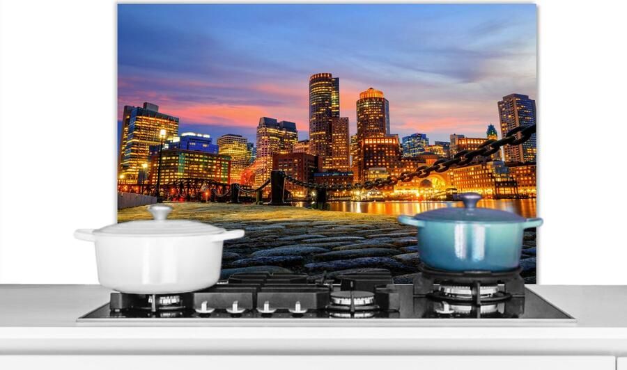 KitchenYeah Spatscherm keuken City Boston Skyline Amerika Licht Spatwand fornuis Achterwand keuken 80x55 cm Aluminium