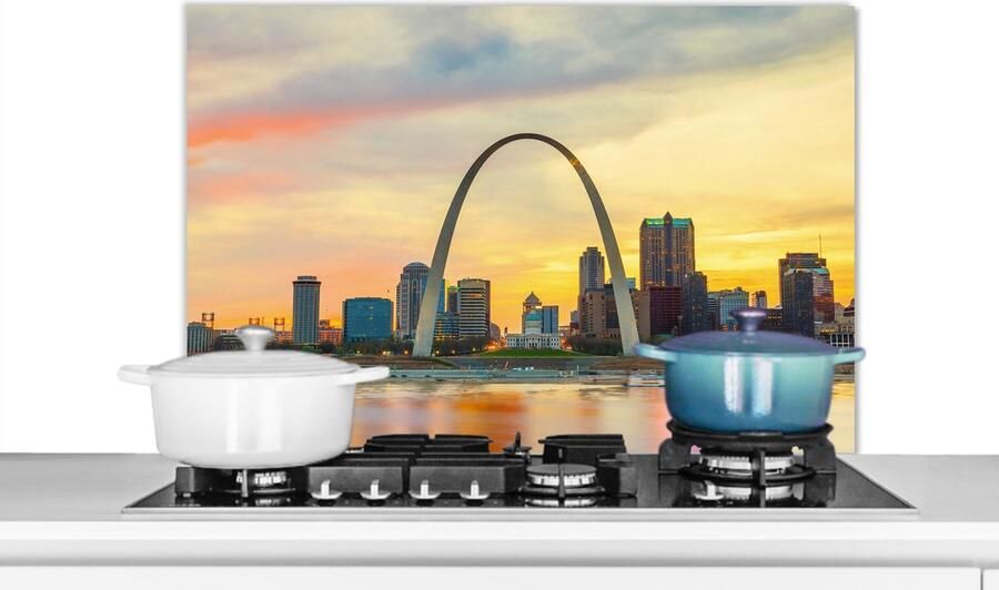 KitchenYeah Spatscherm keuken City New York Boog Gateway Arch Skyline Spatwand fornuis Achterwand keuken 90x60 cm Aluminium