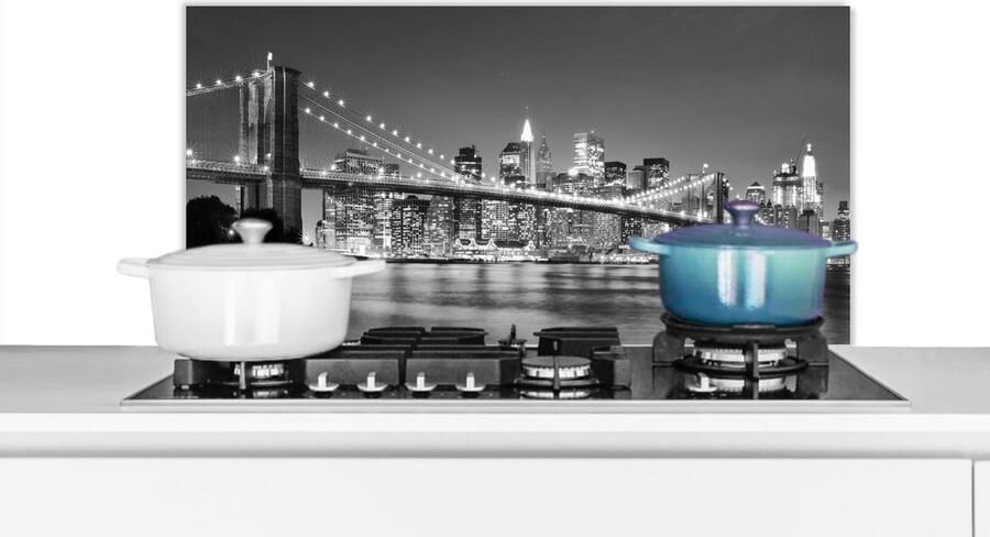 KitchenYeah Spatscherm Keuken Kookplaat Achterwand Spatwand Fornuis 90x45 cm New York Brug Brooklyn Zwart wit Architectuur Aluminium Wanddecoratie Spatschermen Muurbeschermer Hittebestendig