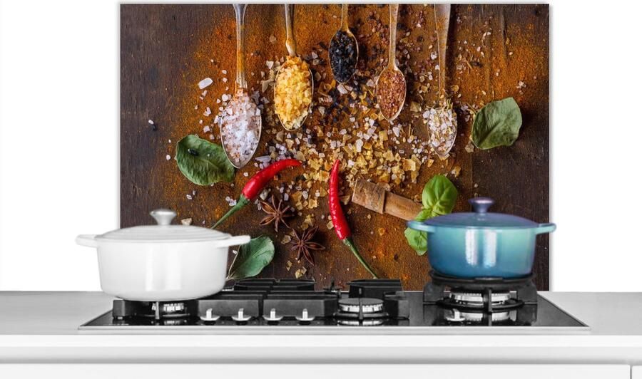 KitchenYeah Spatscherm Keuken Kookplaat Achterwand Spatwand Fornuis 90x60 cm Lepels Kruiden Chilipeper Specerijen Aluminium Wanddecoratie Muurbeschermer Hittebestendig