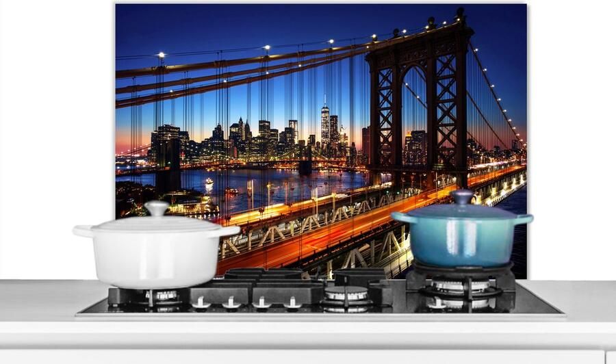 KitchenYeah Spatscherm keuken New York Skyline Verlichting Nacht Amerika Achterwand keuken Spatwand fornuis 80x55 cm Aluminium