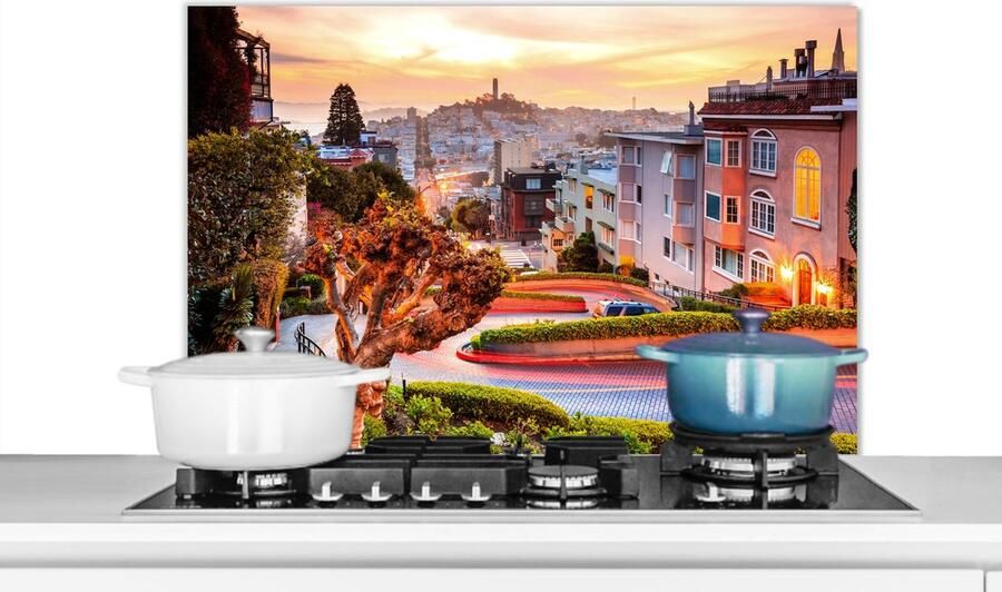 KitchenYeah Spatscherm keuken San Francisco Park Bomen Stad Skyline Licht Kookplaat achterwand Spatwand 80x55 cm Aluminium