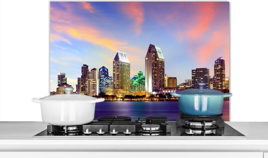 KitchenYeah Spatscherm keuken Skyline Amerika Stad Avond Kookplaat achterwand Spatwand keuken 90x60 cm Aluminium