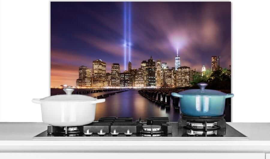 KitchenYeah Spatscherm keuken Skyline City New York Avond Spatwand keuken Kookplaat achterwand 80x55 cm Aluminium
