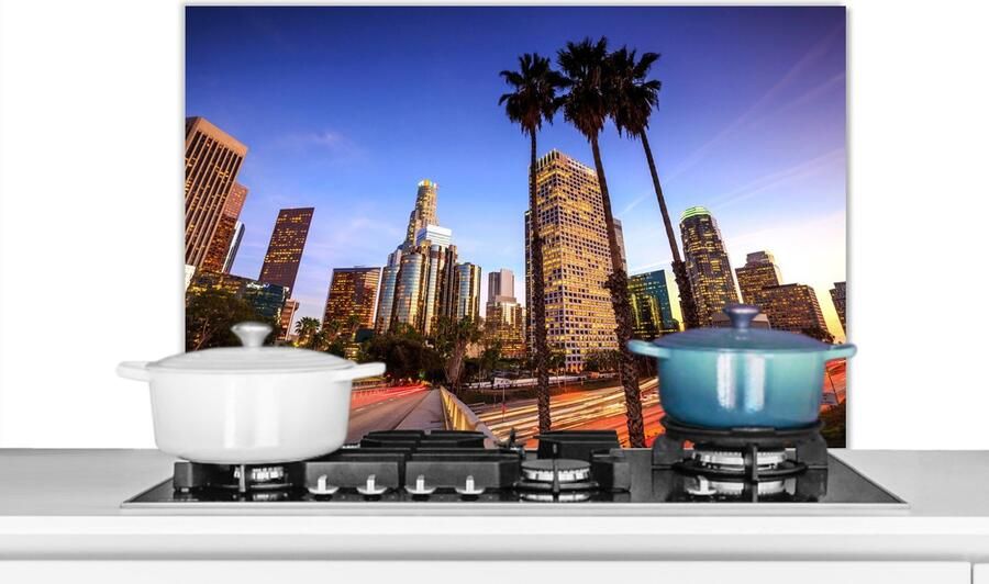 KitchenYeah Spatscherm keuken Skyline Palmboom Los Angeles Stad Wandbeschermer Kookplaat achterwand 90x60 cm Aluminium