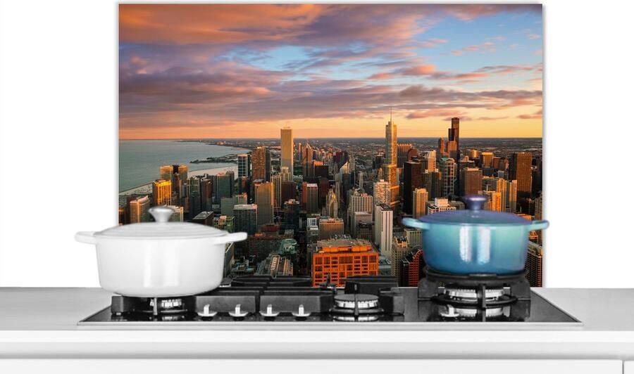 KitchenYeah Spatscherm keuken Skyline Stad Chicago Zee Amerika Spatwand fornuis Achterwand keuken Spatschermen 80x55 cm Aluminium