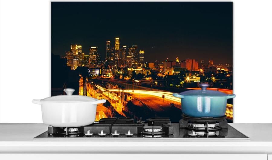 KitchenYeah Spatscherm keuken Verlichting Auto Skyline Los Angeles Spatwand Kookplaat achterwand 80x55 cm Aluminium