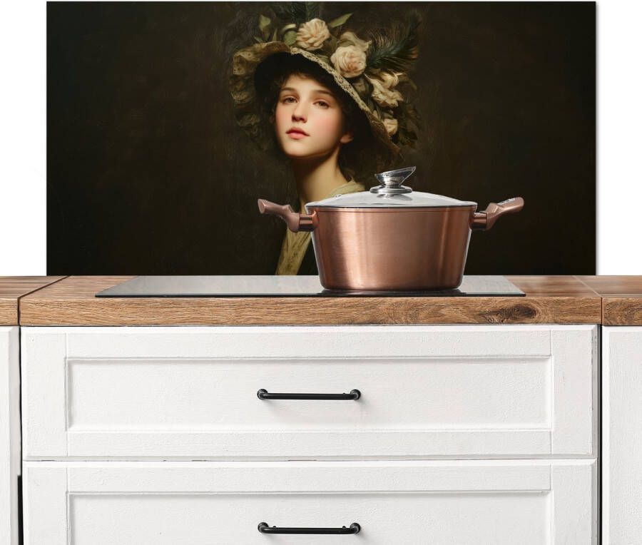 KitchenYeah Spatscherm keuken 100x50 cm Kookplaat achterwand Bloemenhoed Portret Vrouw Muurbeschermer Spatwand fornuis Hoogwaardig aluminium