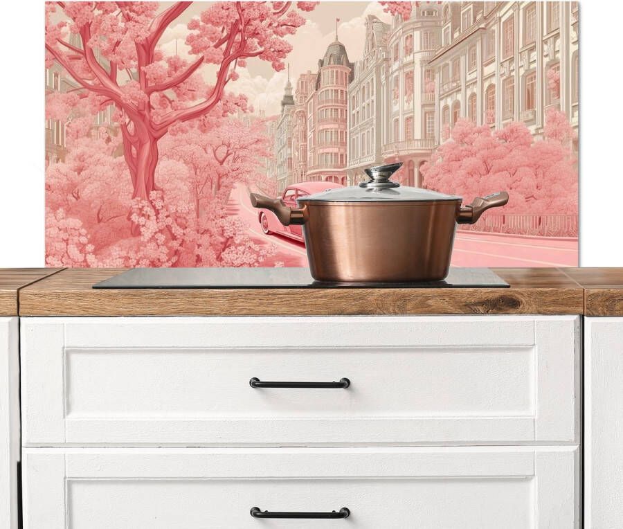 KitchenYeah Spatscherm keuken 100x50 cm Kookplaat achterwand City Car Pink Muurbeschermer Spatwand fornuis Hoogwaardig aluminium