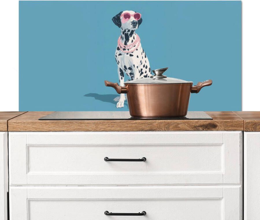 KitchenYeah Spatscherm keuken 100x50 cm Kookplaat achterwand Dalmatiër Zonnebril Blauw Muurbeschermer Spatwand fornuis Hoogwaardig aluminium