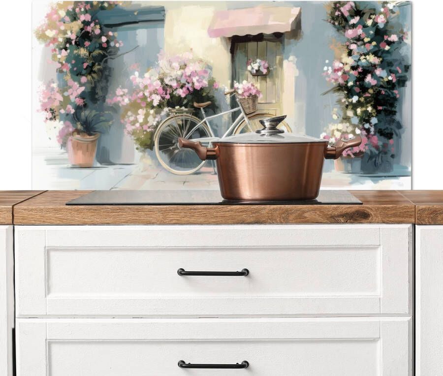 KitchenYeah Spatscherm keuken 100x50 cm Kookplaat achterwand Fiets Pastelkleuren Bloemen Muurbeschermer Spatwand fornuis Hoogwaardig aluminium