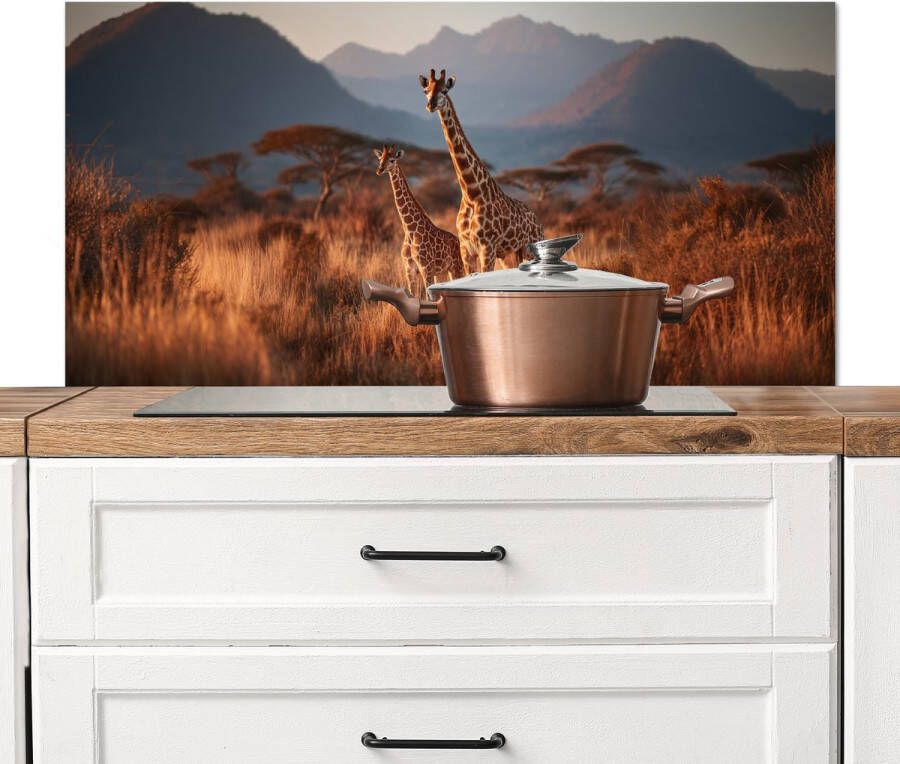 KitchenYeah Spatscherm keuken 100x50 cm Kookplaat achterwand Giraffen Hoog gras Acaciabomen Muurbeschermer Spatwand fornuis Hoogwaardig aluminium