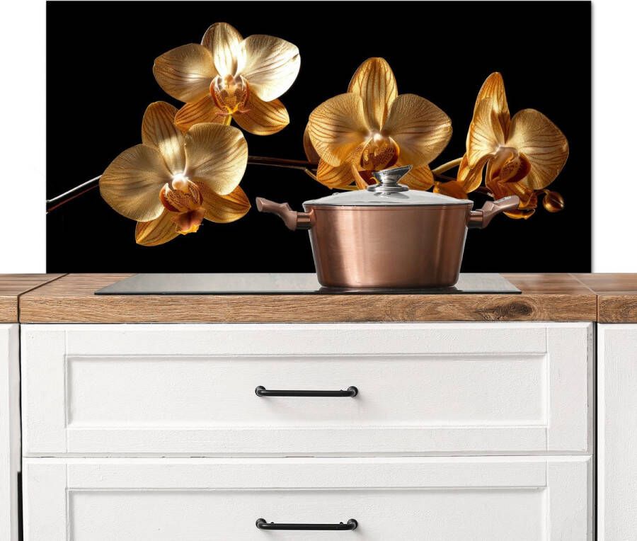 KitchenYeah Spatscherm keuken 100x50 cm Kookplaat achterwand Goud Orchidee Bloemen Zwart Muurbeschermer Spatwand fornuis Hoogwaardig aluminium