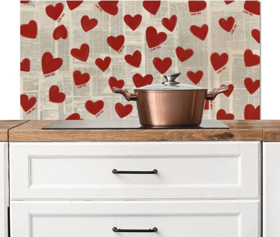 KitchenYeah Spatscherm keuken 100x50 cm Kookplaat achterwand Hartjes Krant Loveyou Muurbeschermer Spatwand fornuis Hoogwaardig aluminium