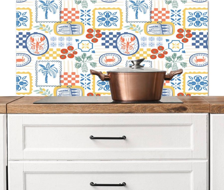 KitchenYeah Spatscherm keuken 100x50 cm Kookplaat achterwand Italiaans Zee Sfeer Tomaat Mozaïek Multi Muurbeschermer Spatwand fornuis Hoogwaardig aluminium