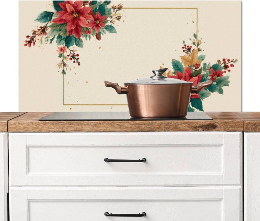 KitchenYeah Spatscherm keuken 100x50 cm Kookplaat achterwand Kerst Poinsettia Omlijsting Kleurrijk Muurbeschermer Spatwand fornuis Hoogwaardig aluminium