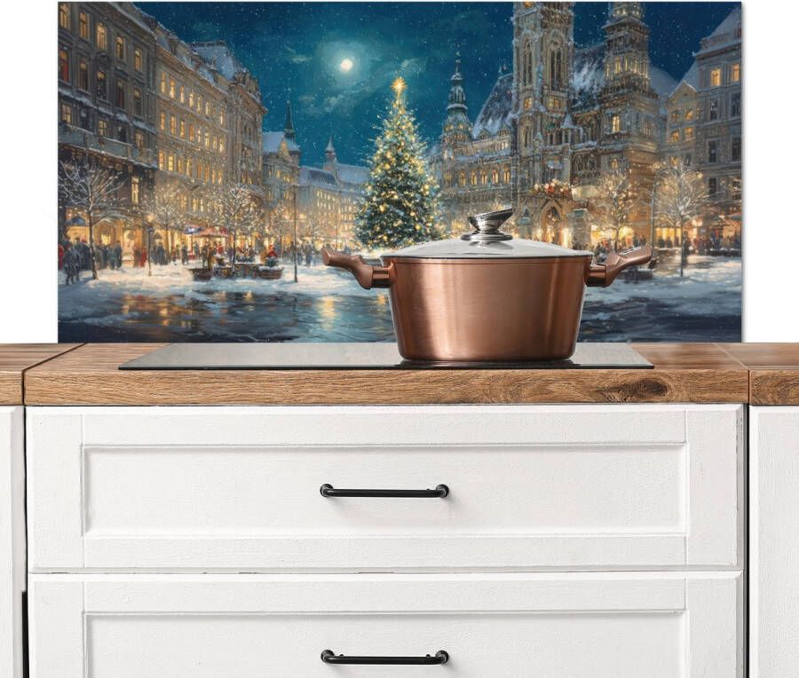 KitchenYeah Spatscherm keuken 100x50 cm Kookplaat achterwand Kerstnacht Stadsplein Meerkleurig Muurbeschermer Spatwand fornuis Hoogwaardig aluminium