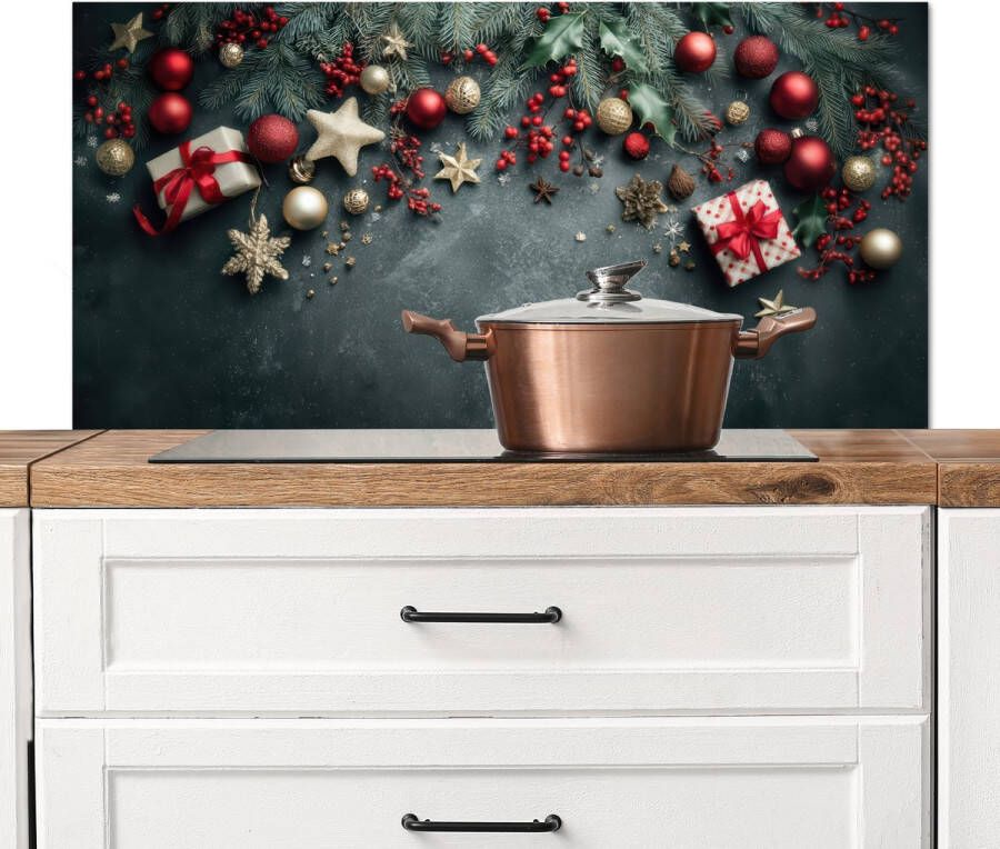 KitchenYeah Spatscherm keuken 100x50 cm Kookplaat achterwand Kerstomlijsting Hulst Kleurrijk Muurbeschermer Spatwand fornuis Hoogwaardig aluminium