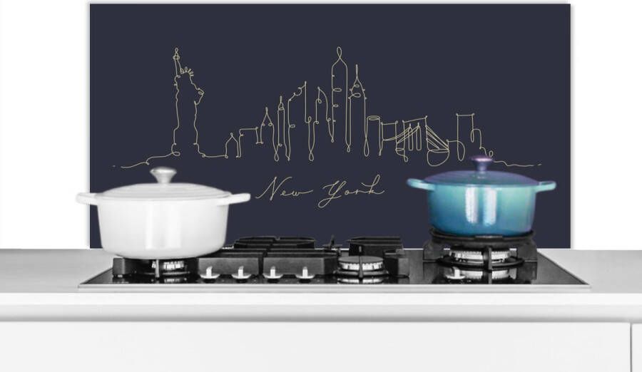 KitchenYeah Spatscherm keuken 100x50 cm Kookplaat achterwand New York Silhouette Blauw Muurbeschermer Spatwand fornuis Hoogwaardig aluminium