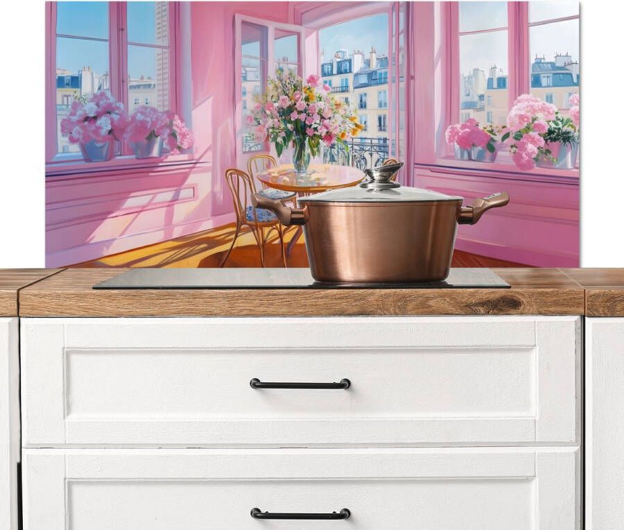 KitchenYeah Spatscherm keuken 100x50 cm Kookplaat achterwand Pink City Bloemen Muurbeschermer Spatwand fornuis Hoogwaardig aluminium
