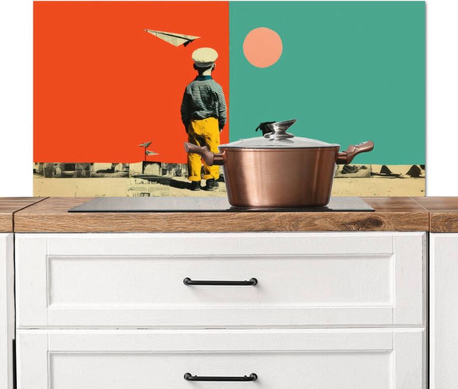 KitchenYeah Spatscherm keuken 100x50 cm Kookplaat achterwand Retro Jongen Hond Rood Groen Muurbeschermer Spatwand fornuis Hoogwaardig aluminium