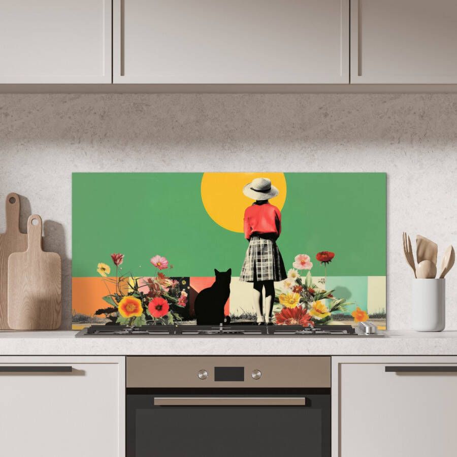 KitchenYeah Spatscherm keuken 100x50 cm Kookplaat achterwand Retro Meisje Kat Zon Muurbeschermer Spatwand fornuis Hoogwaardig aluminium