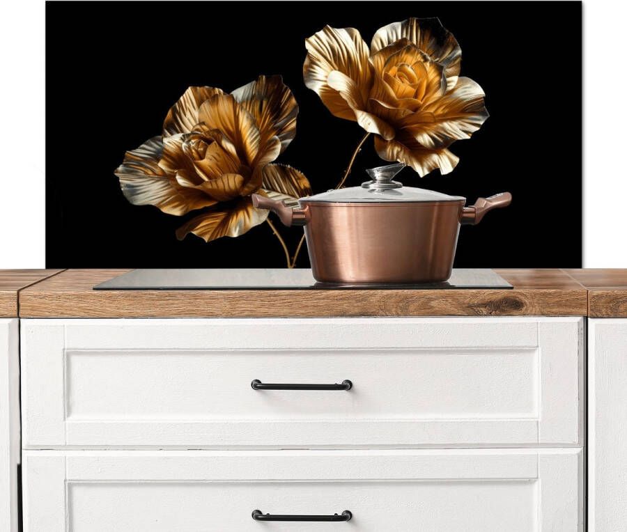 KitchenYeah Spatscherm keuken 100x50 cm Kookplaat achterwand Roos Goud Bloemen Natuur Muurbeschermer Spatwand fornuis Hoogwaardig aluminium