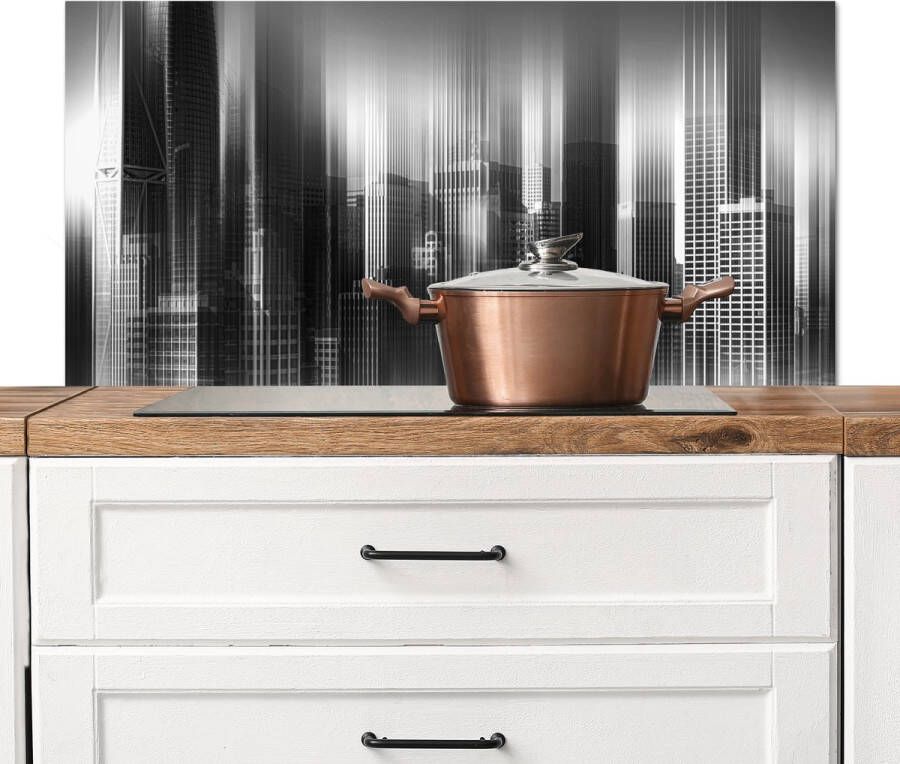 KitchenYeah Spatscherm Keuken Kookplaat Achterwand Spatwand Fornuis 100x50 cm San Francisco Skyline Zwart wit Vervaagd Aluminium Wanddecoratie Muurbeschermer Hittebestendig