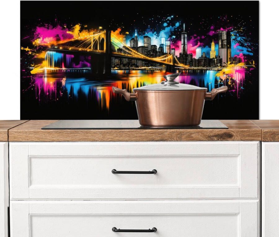 KitchenYeah Spatscherm keuken 100x50 cm Kookplaat achterwand Skyline Brug Verlichting Kleuren Muurbeschermer Spatwand fornuis Hoogwaardig aluminium